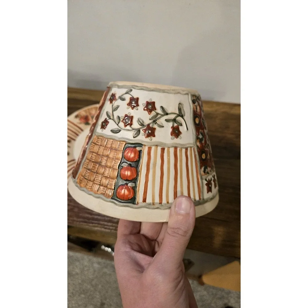 Vtg Yankee Candle Autumn HTF Ceramic Shade Plate Set Pumpkins Acorns Flowers